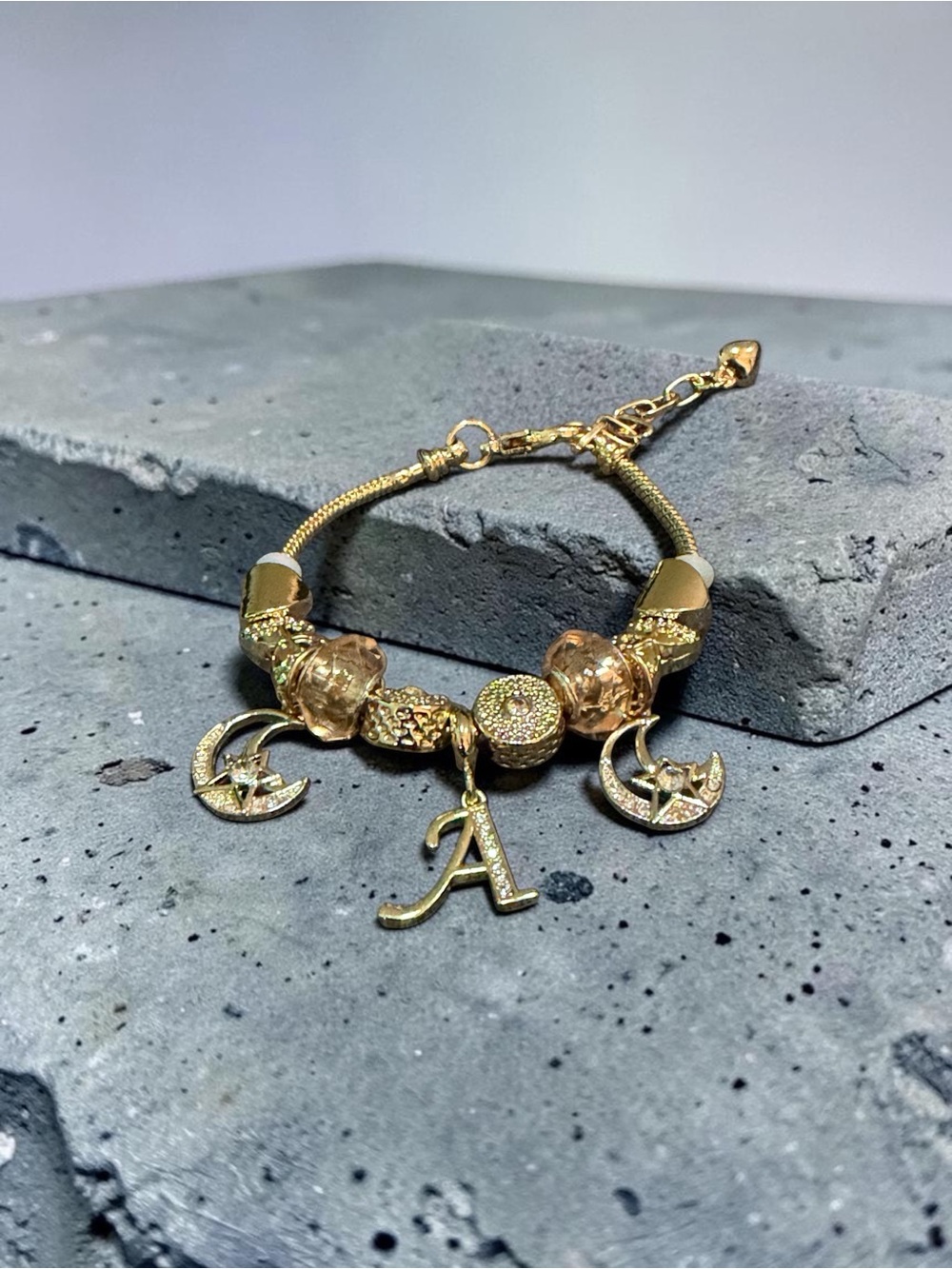 Gold Initial 'A' Charm Bracelet with Crescent Moon Charms